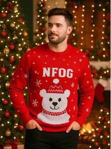 NAVIDAD Suéter Navideño de Oso Adorable con Gorro para Hombre Caballero para Epocas Navideñas Christmas Acogedor Uglysweater Lindo Tierno - Rojo - Ver 2