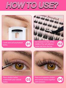 50pcs C-Curl Self-Adhesive Individual Lashes Set, 8-16mm Mixed Sizes, DIY Eyelash Extension Kit With Tweezers And Lash Curler, No Glue Needed, Segment Fake Lashes With Spikes, Suitable For Daily And Party Use - 黑色 - 查看 8
