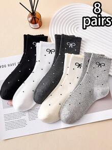 4 双儿童/青少年蝴蝶结蕾丝中筒袜，时尚日常穿着