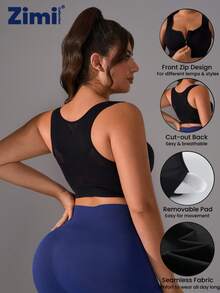 Zimi Collection 1pc Plus Size Women Seamless Wireless Padded Zipper Front Sports Bra, Comfortable Racerback Design For Outdoor, Cycling, Running, Yoga