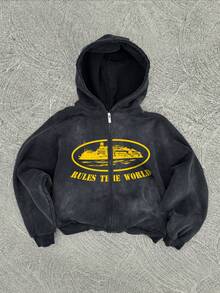 Washed Men's Autumn Drop Shoulder Zip Front Vintage Graphic Print Casual Hoodie, Long Sleeve Top