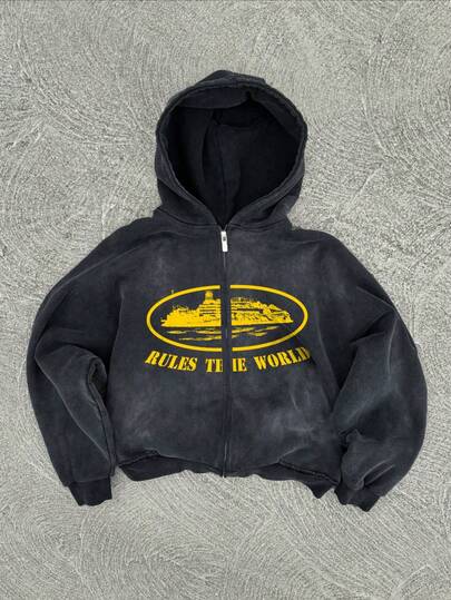 Washed Men's Autumn Drop Shoulder Zip Front Vintage Graphic Print Casual Hoodie, Long Sleeve Top