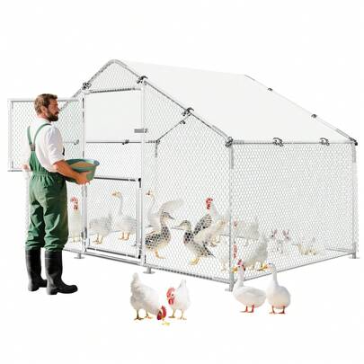 Gallinero metálico resistente con puerta dividida: jaula para aves de corral de exterior, fácil de alimentar y a prueba de fugas, con corral, estructura de acero y techo en forma de espiral impermeable y resistente a los rayos UV