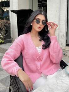 Cardigan elegant pentru femei, cu imprimeu floral 3D, în culori solide, toamnă/iarnă