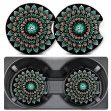 2 Pack Car Coasters For Cup Holders,Mandala Car Cup Holder Coasters,2.75" Universal Size Anti Slip Rubber Mat,Car Cup Holder Decal Decor Accessories,Car Accessories Interior For Women Men{"Color_name":"Mandala-Green","Size_name":"2PCS"} - Mandala-Xanh lá cây - Xem 1
