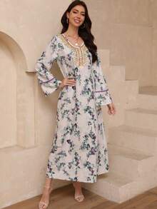 Vestido de manga larga con estampado floral, patchwork de ganchillo, vestido elegante y modesto de línea A tipo kaftan y jalabiya, para fiesta de noche/invitada de boda/aniversario/uso diario - Multicolor - Ver 1