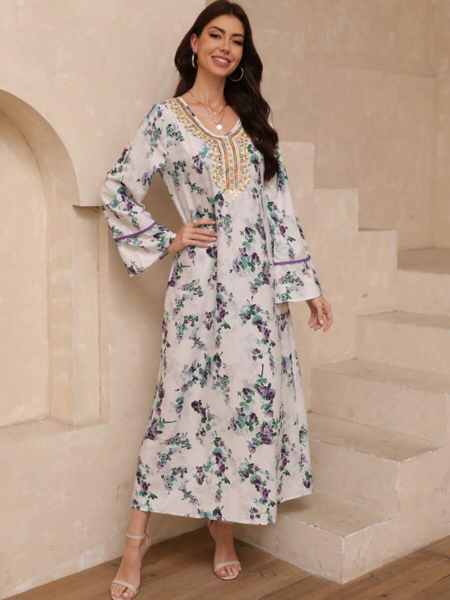 Vestido de manga larga con estampado floral, patchwork de ganchillo, vestido elegante y modesto de línea A tipo kaftan y jalabiya, para fiesta de noche/invitada de boda/aniversario/uso diario - Multicolor - Ver 1