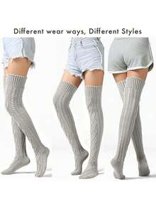 1 pieza Calcetines por encima de la rodilla de unicolor para otoño e invierno, gruesos y cálidos, súper cómodos, con diseño de felpa, calcetines con un fuerte envolvente, adecuados para salidas diarias y ocio en el hogar. Regalos para padres y otros familiares y amigos en Halloween.