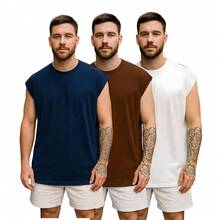 Kit 3 Men's Oversized Tank Tops Macho Workout Gym Streetwear Plain Premium - 海軍藍/白色/棕色 - 查看 7