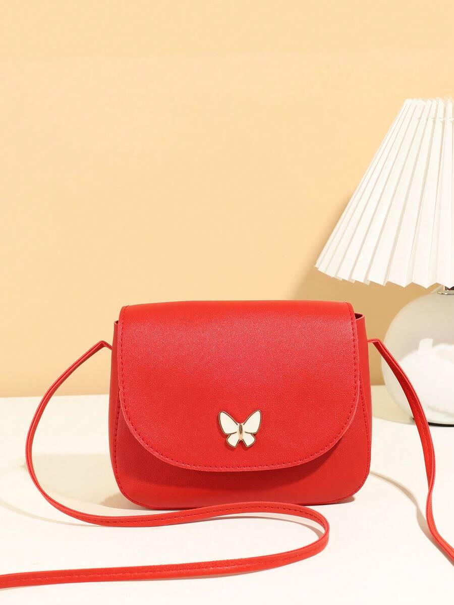 Mini Butterfly Print Decor Metal Crossbody Shell Bag - Red - View 1