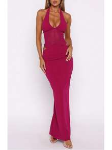 1 pièce Robe élégante et sexy en maille transparente de couleur unie avec découpe en V pour femmes, idéale pour les soirées, les sorties, les anniversaires, les séances photo et les représentations, printemps/été - Rose vif - Voir 4