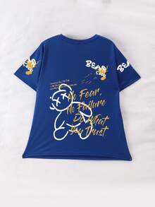 Teenage Boys' Cartoon Bear & Slogan Letter Print Round Neck T-Shirt, Boys' Casual Soft Tee Shirt For Summer - Blue - View 2
