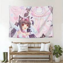 ZLIENSZUS Anime Maid Cat Girl Tapestry - Decorated With Pastel Pink Japanese Wallpaper, Featuring Cute Cat Patterns, Suitable For Hanging In The Living Room, Bedroom And Game Room. No Electricity Required For Easy Hanging. Machine-Washable Polyester Fabric - The Perfect Anime Gift For Girls And Women, Anime Wall Art - 彩色 - 查看 3