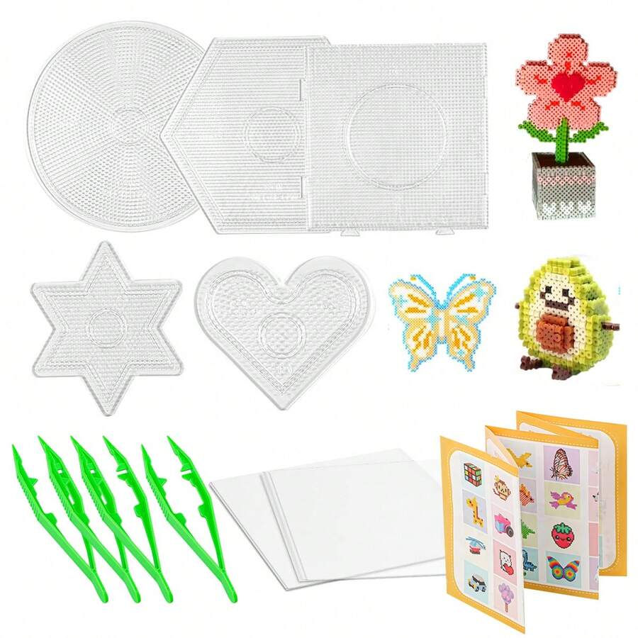 Set de cuentas Perler de 2.6 mm para manualidades creativas, incluye plantillas de cuentas transparentes en varias formas, pinzas de plástico verde, tarjetas de patrones y herramientas accesorias, kit educativo de manualidades con cuentas Perler