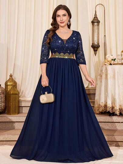 Đầm dạ hội dài tay 3/4 cổ chữ V sâu, đính sequin và ren hoa, phối ren hoa, eo đính đá lấp lánh vàng tương phản, chân đầm chiffon, thích hợp cho các dịp lễ hội, tiệc cưới, sinh nhật, lễ tốt nghiệp, lễ hội trường, kỳ nghỉ.