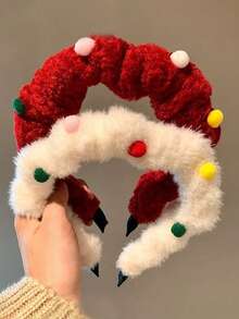 1 pezzo Cerchietto natalizio rosso in peluche colorato con fagioli di zucchero, accessorio per capelli con coda alta per ragazze, cerchietto natalizio