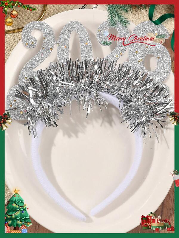 1pc Christmas & New Year 2026 Glitter Sequin Number Ribbon Headband, Party & Festival Hair Accessory, Autumn/Winter ,Hair Hoop Hairband For Women