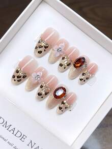 10 片纯手工可穿戴指甲，椭圆形指甲形状，手绘黄色豹纹法式猫眼，按压式指甲 - 彩色 - 查看 11