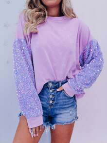 Casual Fantasy Color Matching Shiny Sequin Stitching Pullover Long Sleeve Round Neck Sweatshirt - 紫色 - 查看 1