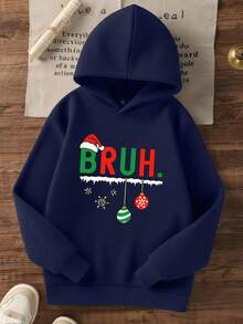 Boys Navy Christmas Holiday Hooded Sweatshirt, Letter Print Pullover - Navy Blue - View 2