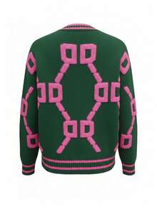 Women's Casual Letter Pattern V-Neck Single-Breasted Knitted Cardigan Sweater, Long Sleeve, Autumn/Winter - Green - View 2