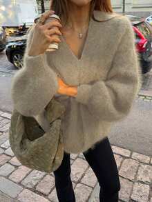 FOR BEAUTY Autumn/Winter New Solid Color Casual Loose Long Sleeve Knit Sweater, Fashionable, Elegant, Minimalist Oversized Cardigan, Soft & Warm, Suitable For Daily Commute, New Year Sweater Jacket - Khaki - View 4
