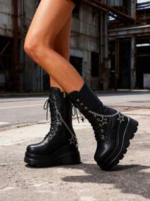 Platform Wedges Ankle Boots For Women Lace-Up Star Metal Hanging Chain Biker Boots Round Toe Side Zipper Y2K Color-Block Cosplay Party Shoes - màu đen - Xem 3
