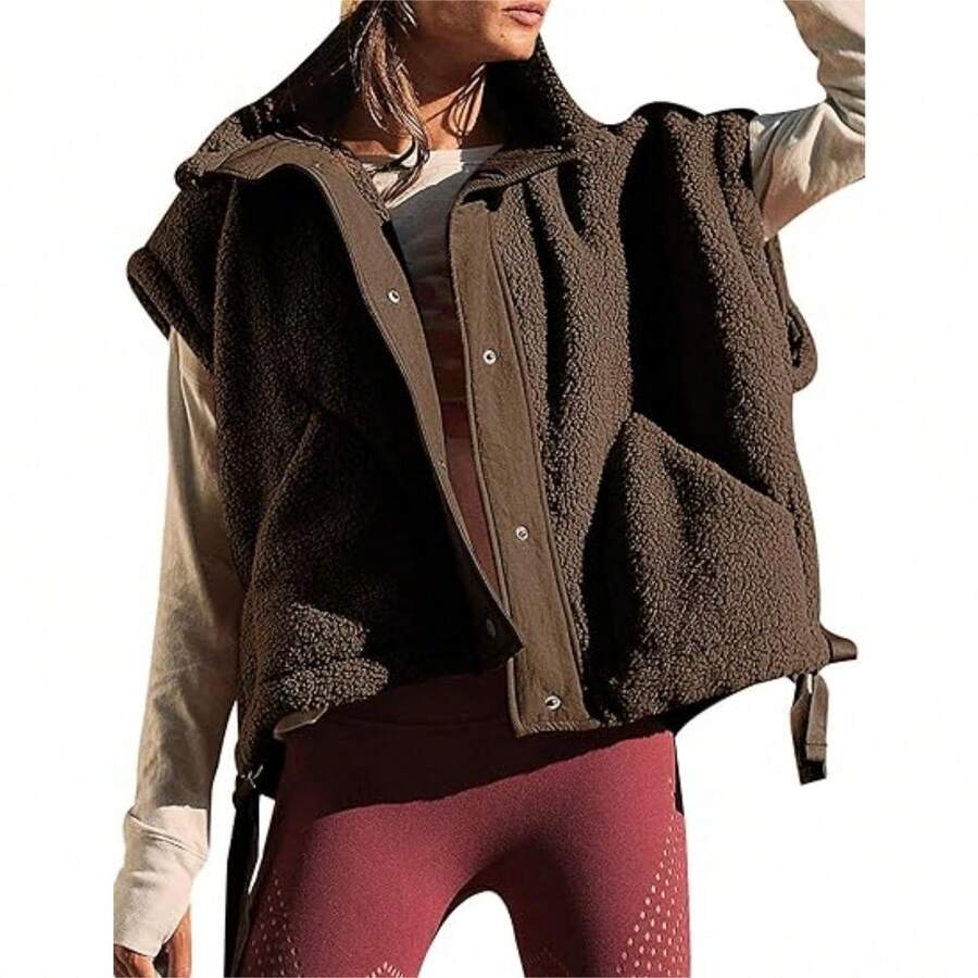 Women's Fuzzy Fleece Vest Oversized Casual Sleeveless Fuzzy Sherpa Jacket Winter Warm Button Down Gilet Outerwear With Pockets Puffer Vest For Women Plain Blingbling Button Front Asymmetrical School - màu nâu - Xem 1