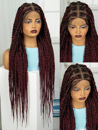 A ANYTIME Peluca de trenzas de caja sin nudos con encaje frontal, peluca de trenzas de caja de encaje completo súper larga con cabello de bebé, peluca trenzada sintética para