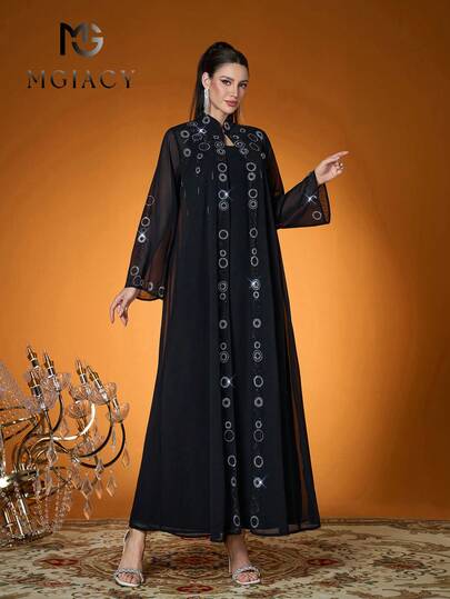 Mgiacy-Pop, New Arrival ,Stand-Up Collar Arab Traditional Long Robe Transfer On Design Long Sleeve Chiffon Middle Eastern Robe(Not Included, Inside)