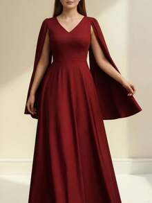 大码女士红色优雅长袖连衣裙，拉链闭合，适合晚宴、派对、鸡尾酒会、新年等场合。