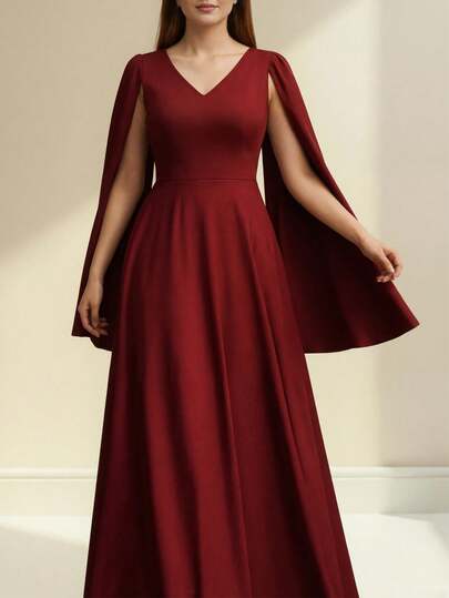 大码女士红色优雅长袖连衣裙，拉链闭合，适合晚宴、派对、鸡尾酒会、新年等场合。