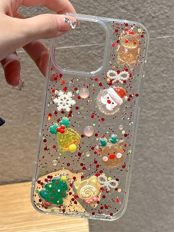 Perfect Christmas Gift Cute Santa Claus Christmas Tree Snowman Clear Resin Phone Case Compatible With IPhone 17Promax 17Pro 17 13 16ProMax 15 14 Plus 13 ProMax 17 Lovely Cartoon Bear Elk Full Screen Colorful Sequin Protective Back Cover