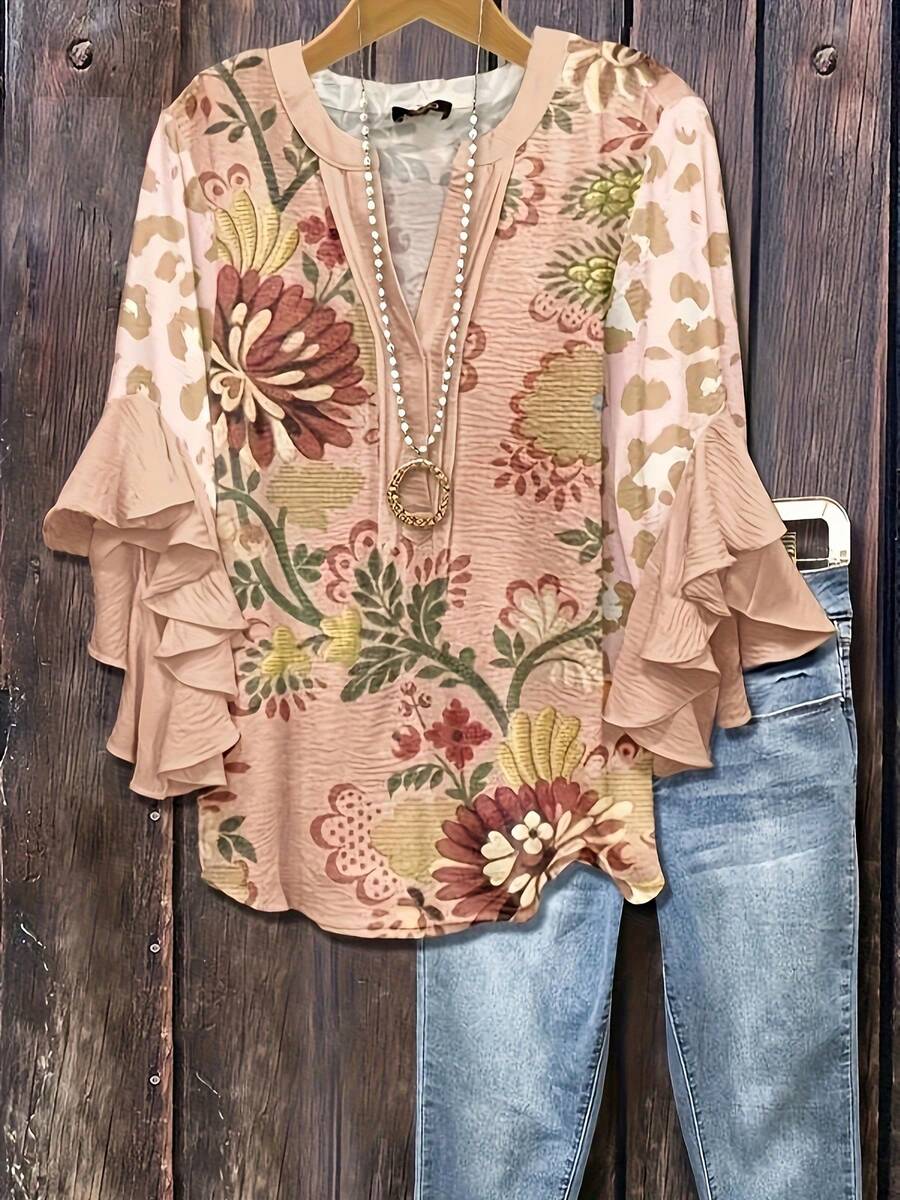 Women'S Floral & Leopard Print Blouse - Button-Front Top With Three-Quarter Length Ruffle Sleeves, Non-See-Through Fabric For Everyday & Formal Events - Spring/Fall/Summer/Winter Blouse In Pink/, Women'S Clothing - Apricot Pink - 查看 1