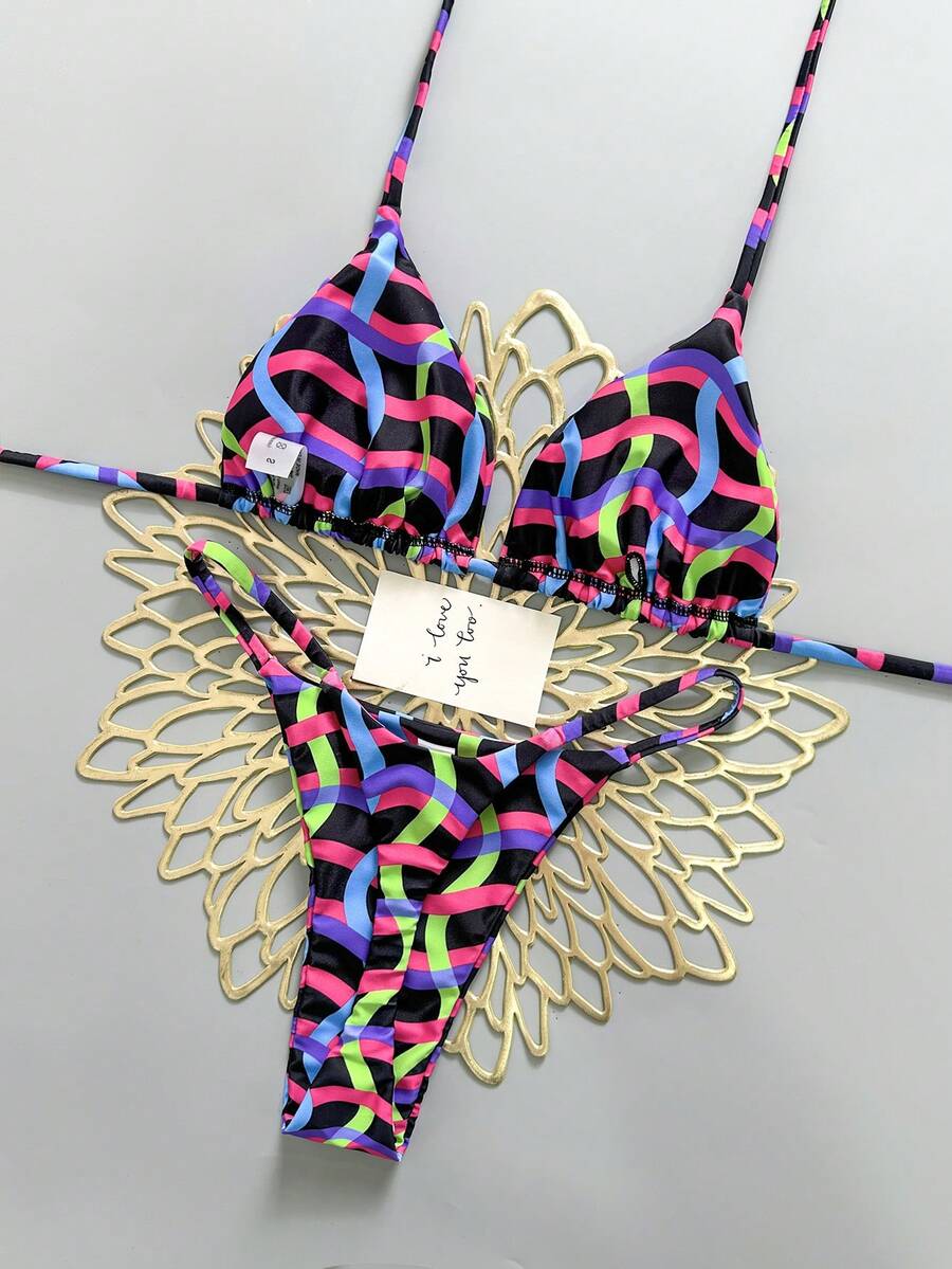 Bộ bikini 2 mảnh in họa tiết hình học và hoa nhiệt đới, kiểu dáng giản dị, dễ thương, thanh lịch, gợi cảm, phong cách bohemian buộc dây, thích hợp cho kỳ nghỉ biển mùa xuân/hè, bộ đồ bơi nữ, trang phục đi biển, bikini nữ, bộ đồ đi biển nữ - Nhiều màu - Xem 1