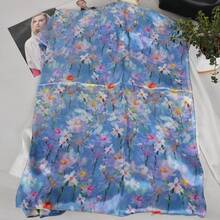 100% Mulberry Silk Scarf For Women Lightweight Long Scarves Beach Wraps Cover Up -Travel Photography Scarfhalloween - Blue Pink Floral - 查看 5