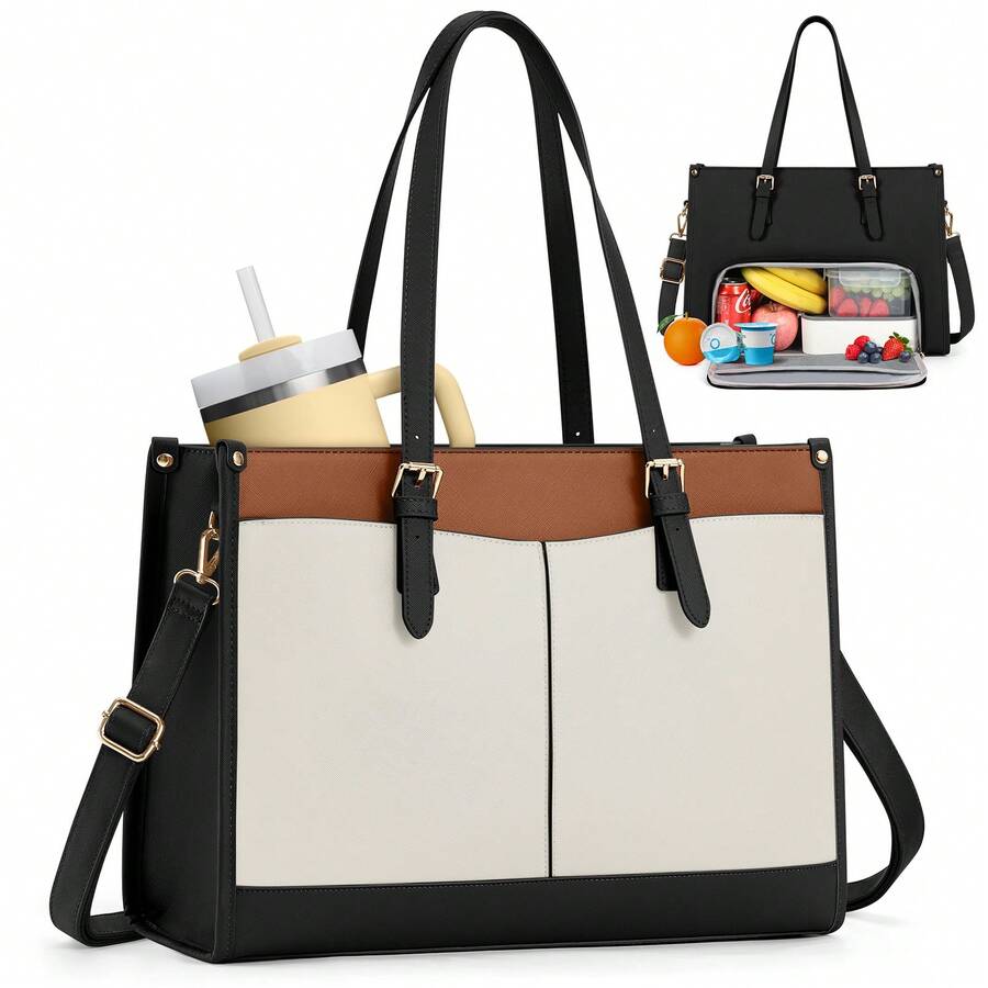 Lunch Tote Bag For Women 15.6 Inch Laptop Bags With Insulated Lunch Compartment Large Leather Quilted Computer Tote For Teacher Nurse Work Collage Casual - 彩色 - 查看 1