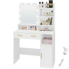 Hzuaneri Tocador con espejo, brillo regulable, tocador con 2 cajones y 1 armario, 3 estantes y 4 compartimentos abiertos, blanco