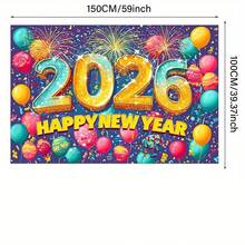 2 piezas Bandera de fondo de Año Nuevo 2026 - Brillante purpurina dorada "2026" con globos de colores, fuegos artificiales y copos de nieve - Ideal para decoración del hogar, aniversarios y celebraciones - Decoraciones de fiesta interior/exterior, telón de fondo de celebración | Ambiente festivo | - 1 pieza - Ver 5