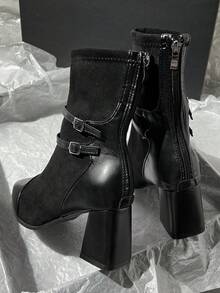 女士冬季踝靴，优雅的女士靴子，黑色靴子，时尚的带扣设计，尖头粗高跟靴，高跟靴，后拉链设计，时尚的日常通勤靴 - 黑色 - 查看 5