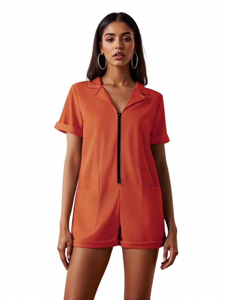 Women's Jail Costume Jumpsuit, Short Sleeve Romper With Belt And Zip Up, Prisoner Inmate Halloween Party Outfit - trái cam - Xem 1