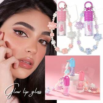 1 pieza Iluminador de labios, Lindo brazalete con colgante de aceite labial, Brillo labial hidratante y nutritivo, Iluminador de labios con color de espejo ligero como el agua, Elimina las líneas de los labios muertos, Crea un estado de labios acuoso y voluminoso