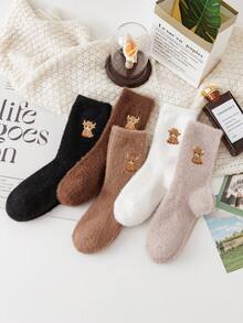 1/3/5 Pairs Women's Embroidered Plush Socks, Thick Warm Floor Socks, Cartoon Warm Sleeping Socks, Fashionable & Versatile, Coffee Color