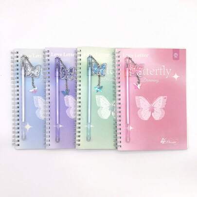 Cuaderno espiral A5 + Bolígrafo de mariposa con doble espiral - 60 páginas por libro, diseño elegante de carta de amor y mariposa, cuaderno de diario de papel rayado, ideal como regalo, diario de niñas, suministros de oficina o escolares