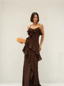 Elegant Chiffon Ruffled Long Dress With Spaghetti Straps - 鏽棕色 - 查看 1