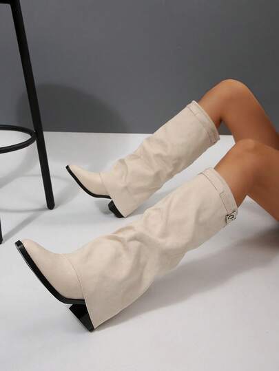 2025 Women Fold Over Boots Knee High Boots Pointed Toe High Heel Boots Shark Knee Boots Fashion Mid Calf Boots Cool Side Zipper Boots