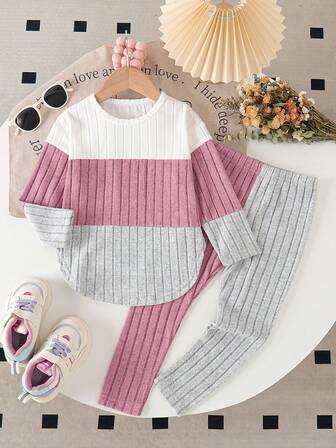 2pcs/Set Young Girls' Fashionable Minimalist Tricolor Ribbed Long Sleeve Top + Splicing Skinny Fit Pants Set