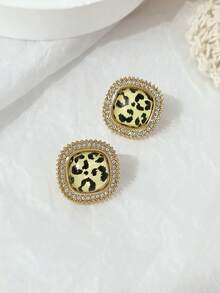 LADYCOCO 1 Pair Fashionable Luxury Leopard Print Rhinestone Stud Earrings, Suitable For Women's Daily Wear