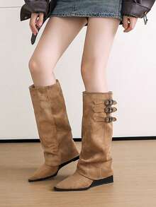 Women's Light-Colored Over-The-Knee Boots, Fashion Khaki Wedge Heel Boots, New Autumn/Winter Pants Boots, Riding Boots, Tall Pleated Boots, Khaki Suede Mid-Calf Slip-On Boots