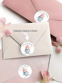 Customized Cake Celebration Round Stickers, Personalized Content (E.G. Name, Date, Etc.). Watercolor Style Multi-Tier Cake Design. Suitable For Birthday Parties, Dessert Events, Decorations And More. - Multicolor - View 2